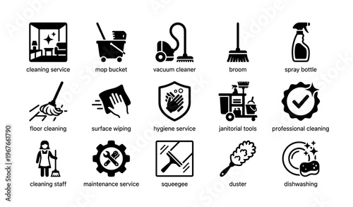 Cleaning icons set: equipment, tools, and services for professional hygiene maintenance
