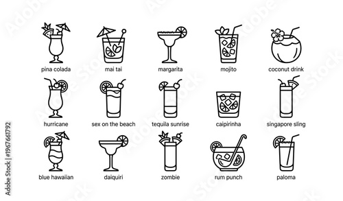 Assorted cocktail icons: pina colada, margarita, mojito, daiquiri, more