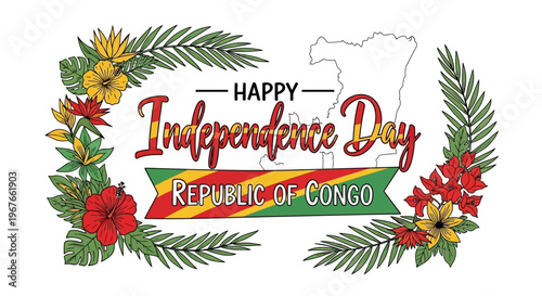 Happy Independence Day Republic of Congo with tropical flowers and map outline