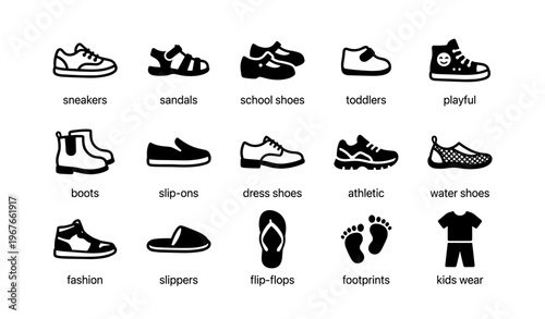 Variety of footwear icons: sneakers, sandals, boots, slippers, kids wear