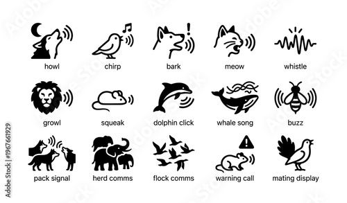 Animal communication icons: howl, chirp, bark, meow, whistle, growl, squeak, dolphin click