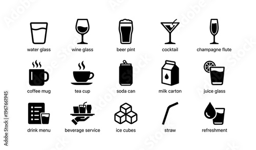 Icon set of drinks including water, wine, beer, cocktail, coffee, and more