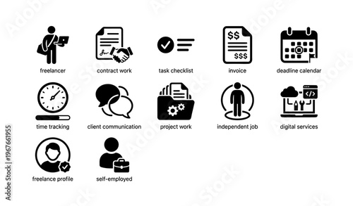 Freelancer icons set: contract work, task checklist, invoice, calendar