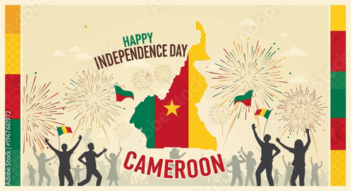 Happy Cameroon Independence Day celebration background with map and fireworks