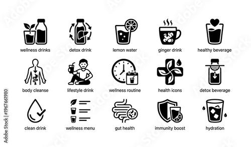 Variety of wellness drinks and health icons in black and white