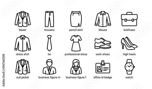 Business attire icons set: clothing, accessories, and office essentials