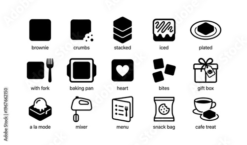 Edible icons: brownie crumbs stack with fork and gift box