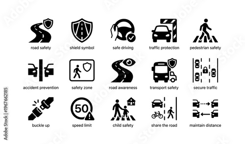 Road safety icons: traffic shields, pedestrian zones, speed limits, child safety, bicycle awareness