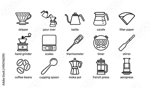 Coffee brewing equipment icons: tools for perfect cup preparation