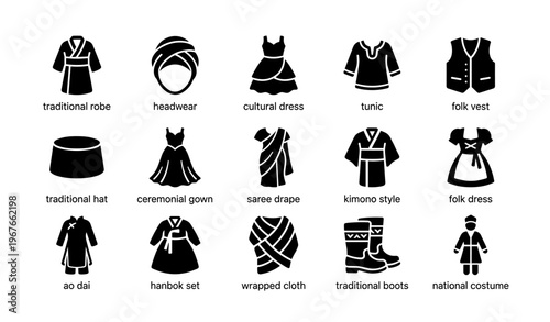 Diverse traditional clothing and accessories icon set