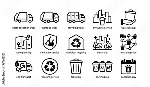 Waste management icons set featuring recycling, sanitation, and logistics services