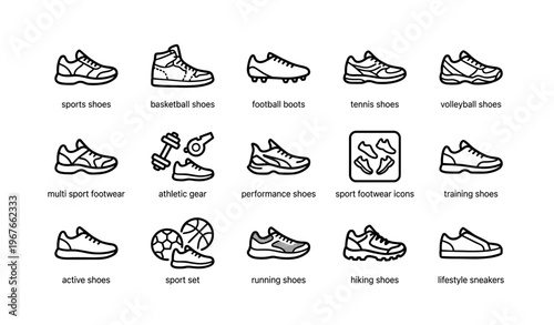 Sports footwear icons set: sneakers, boots, athletic and training shoes