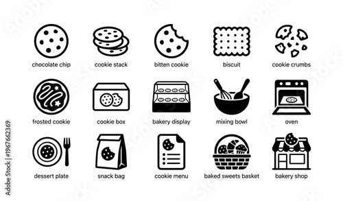 Assorted cookie icons featuring chocolate chip, biscuit, and more in bakery setting
