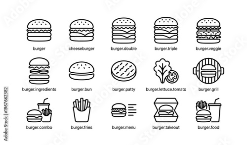 Icons of various burger styles and ingredients