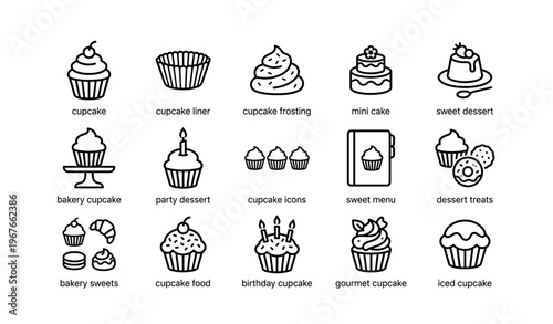 Dessert icons: cupcakes, frosting, and sweet treats for bakery menus