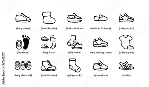 Various types and styles of footwear and apparel for babies and infants