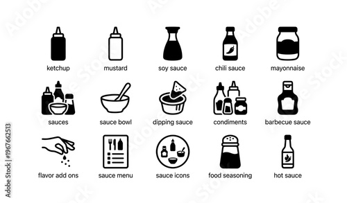 Collection of sauce and condiment icons: ketchup, mustard, soy sauce, chili sauce, mayonnaise