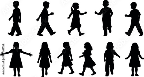 Collection of children silhouettes walking and standing, kids shadow figures set, boys and girls isolated black shapes, playful poses, childhood activity illustration