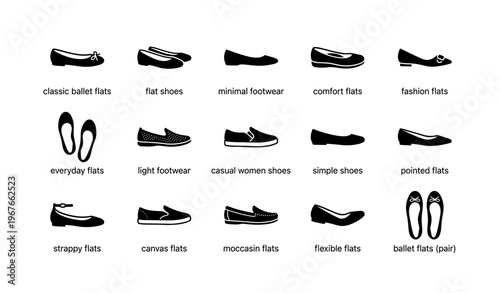 Variety of women's flat shoes: ballet, fashion, comfort, canvas, and more