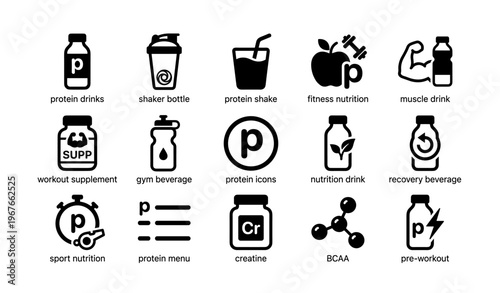 Protein shake and nutrition icons featuring fitness elements and supplements