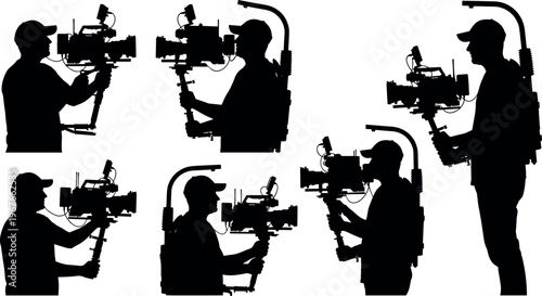 Cameraman silhouette set operating professional video camera stabilizer rig filming production scenes videography equipment operator filmmaking industry black isolated vector collection