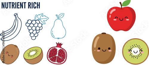 Cute Nutrient Rich Fruit Vector Set Featuring Banana Grape Pear Kiwi Pomegranate Apple Characters with Smiling Faces in Flat Cartoon Style