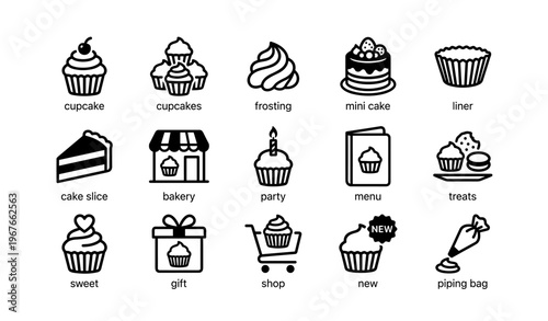 Cupcake and bakery icons collection: frosting, cake, party, and gift symbols