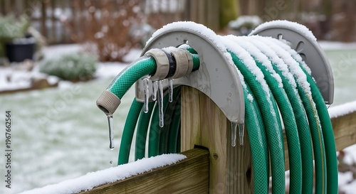 A snow-covered green garden hose coils around a wooden fence post on a winter day outdoors.
