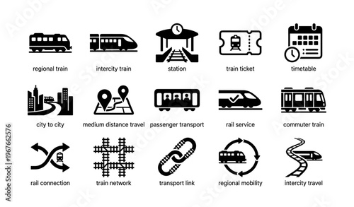 Train travel icons: regional, intercity, transport, station, ticket
