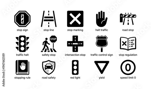 Traffic and road safety signs collection in black icons