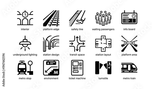 Subway station elements: platform, lighting, signage, turnstile, metro train icons