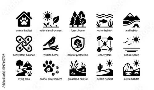 Icons representing various animal habitats and ecosystems