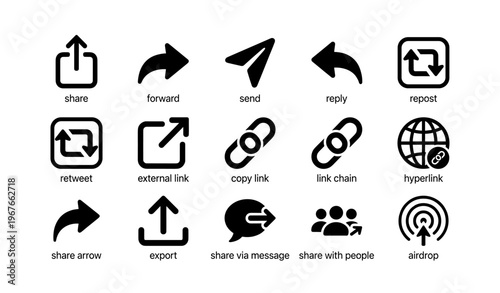 Social media icons: share, forward, send, reply functions illustrated