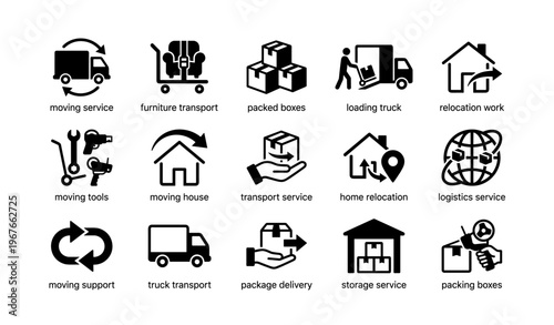 Icons representing moving services: furniture, transport, logistics, storage, delivery