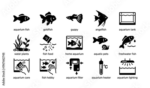 Aquarium symbols: fish, tank, and supplies icons