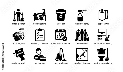 Essential cleaning icons for office hygiene and maintenance