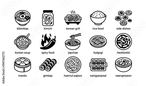 Korean cuisine icons with traditional dishes and ingredients