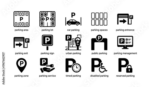Parking symbols collection: signage, spaces, management icons for urban areas