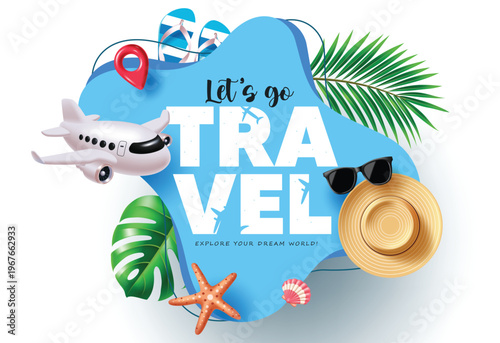 Let's Go Travel and Summer Vacation Vector Banner with Airplane Summer Hat and Tropical Elements
