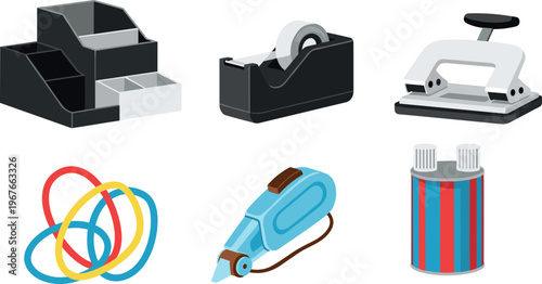 Office and stationery supplies illustration set featuring tape dispenser, stapler, hole punch, desk organizer, rubber bands, correction pen and glue container, workplace essentials concept design
