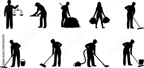 People silhouettes set featuring cleaning workers, farmer, shopping woman, justice scale symbol, housekeeping tasks, sanitation work, daily activities, black isolated vector illustration