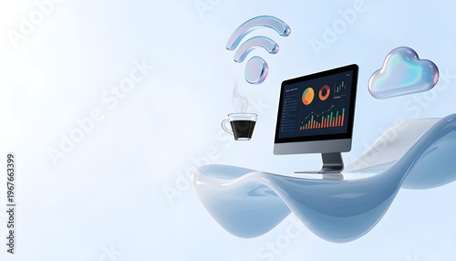 Futuristic 3D Workspace with Floating Computer Monitor, Financial Data Charts, Iridescent WiFi and Cloud Icons, and Steaming Coffee Cup on Blue Background
