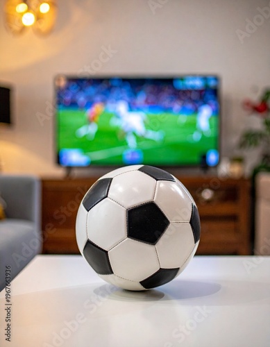 A soccer ball placed on a living room table with blurred background showing a television broadcasting a match and copy space on the side.