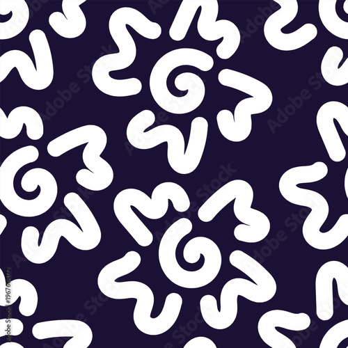 Seamless white abstract flower pattern on dark blue background. Elegant floral repeat design perfect for fabric prints, packaging, stationery, and modern decor.