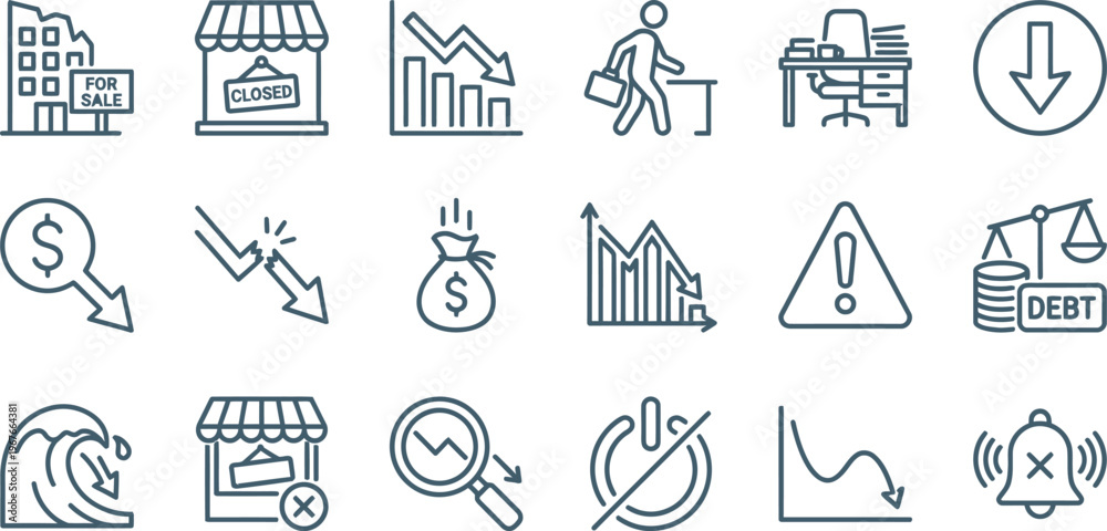 Fototapeta premium Flat design vector icons symbolizing economic downturns, market collapse, business failures, financial losses, and crisis situations.