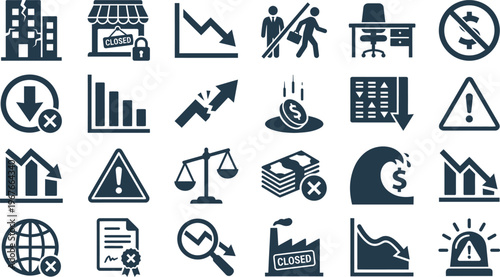 An extensive set of minimalist icons representing economic crisis, business failures, financial decline, and global recession warnings.