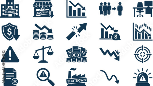 A comprehensive collection of dark blue financial crisis and economic recession vector icons, illustrating decline, debt, and business shutdown.