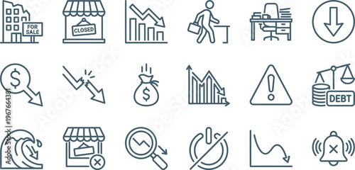 Flat design vector icons symbolizing economic downturns, market collapse, business failures, financial losses, and crisis situations.