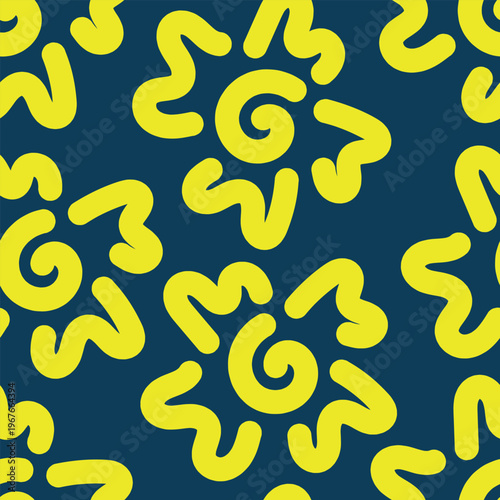 Seamless yellow spiral abstract flower pattern on blue background. Playful artistic floral repeat design ideal for fabric prints, packaging, stationery, and creative branding.