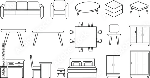 Flat vector household furniture interior design top view schematic set